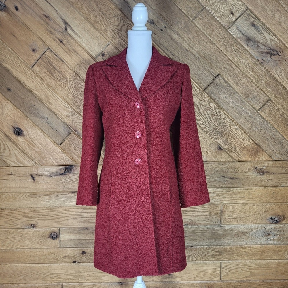 Siena Studio Boucle Coat Women XS Wool Blend Leopard Lining Burgundy Red
